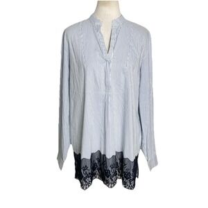 MAX VOLMARY  Blue White Stripe Popover Shirt Tunic Lace Detail US 14 Old Money